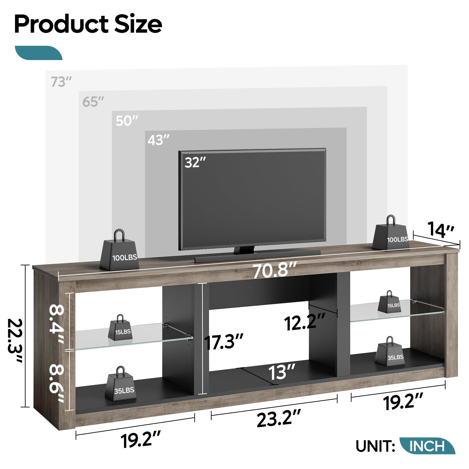 Bestier TV Stand for 75" TV, Gaming Entertainment Center with Remote Controlled RGB LED Light, Adjustable Glass Shelves, Modern Media Console Table with Open Storage for Living Room, Wash Gray
