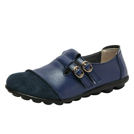 AnuirheiH Women Shoes Comfortable Leather Low-top Buckle Flat Casual Loafers Single Shoes Sale Clearance
