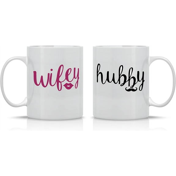 Wifey And Hubby - 11oz Ceramic Coffee Mug Couples Sets - Funny Couple Gifts For Him And Her - Mr & Mrs Gift set - Husband And Wife Engagement Present - Holiday Gifts For Mom And Dad - By CBT Mugs