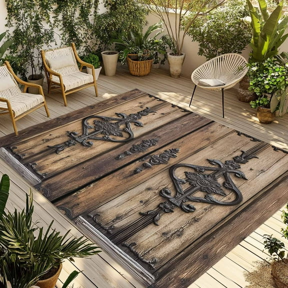 Fsddascl Wooden Plank Outdoor Rug for Patio/Deck/Porch, Non-Slip Large Area Rug 5 x 8 Ft, Rustic Farmhouse Brown Black Barn Door Indoor Outdoor Rugs Washable Area Rugs, Reversible Camping Rug Carpet