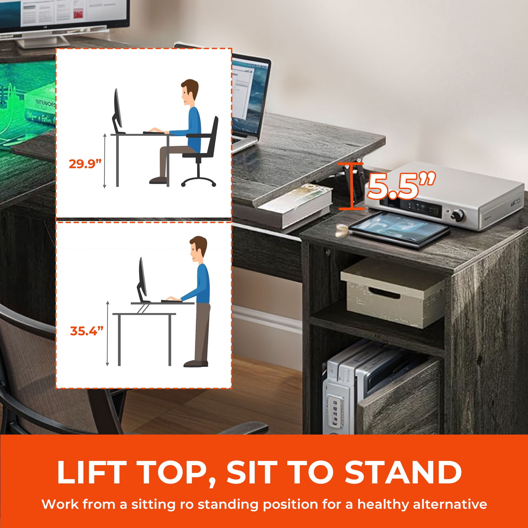 ModFusion L Shaped Desk with Charging Station, Storage Shelves, Drawers & File Cabinet, 60" Adjustable Lift Top Corner Computer Desk with Monitor Stand, Wood Gray