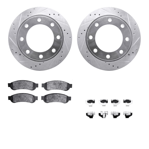 Dynamic Friction Company Rear Brake Rotors-Drilled and Slotted-Silver with Heavy Duty Brake Pads includes Hardware 7212-99204