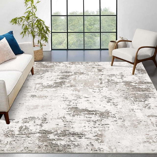 Ultra Soft Modern Abstract Area Rug 9x12 Ft - Machine Washable Non Slip Low Pile Carpet - Spot Resistant Floor Rug for Living Room Bedroom Office - Easy Clean Durable Design - Beige