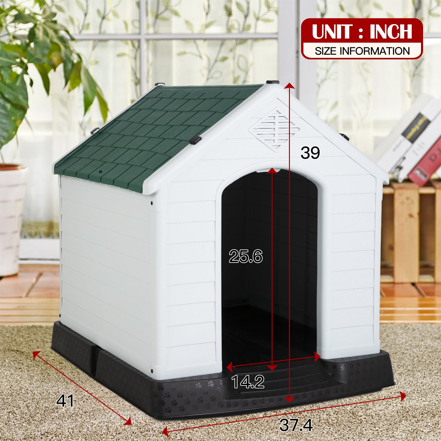 XF XINFENG Large Dog House Plastic Indoor Outdoor Waterproof Dog Kennel with Air Vents Elevated Floor( Green, 41''L*37.4''W*39''H)