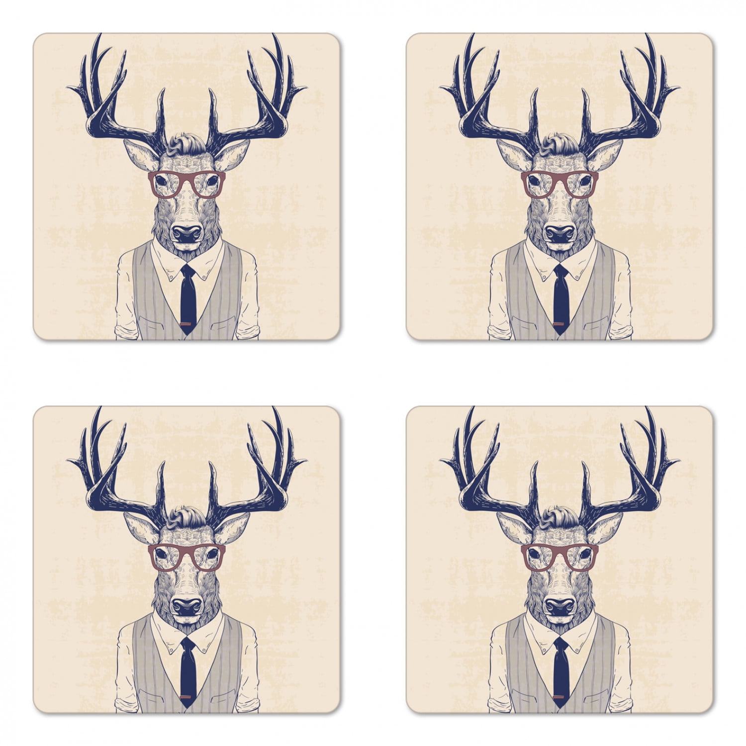 Hipster Coaster Set of 4, Business Man Humanized Manly Deer