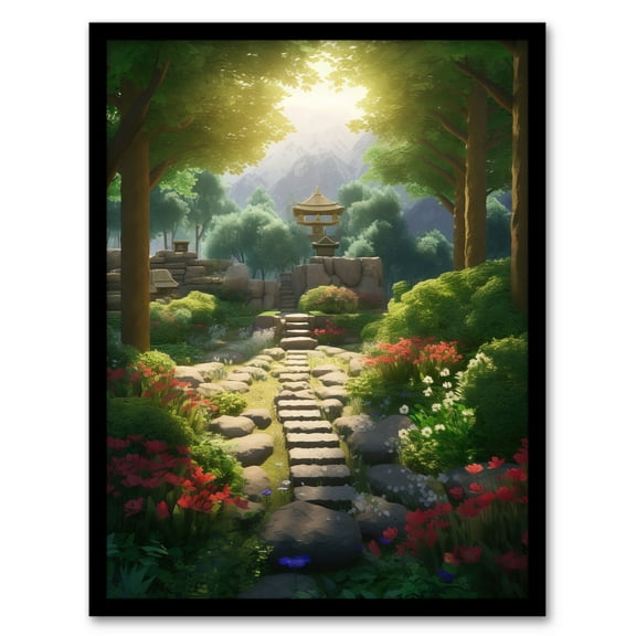 Flowers Blooming in Serene Japanese Zen Garden Acrylic Painting Steps Path Leading to Stone Lantern Bathed in Sunlight Art Print Framed Poster Wall Decor 12x16 inch