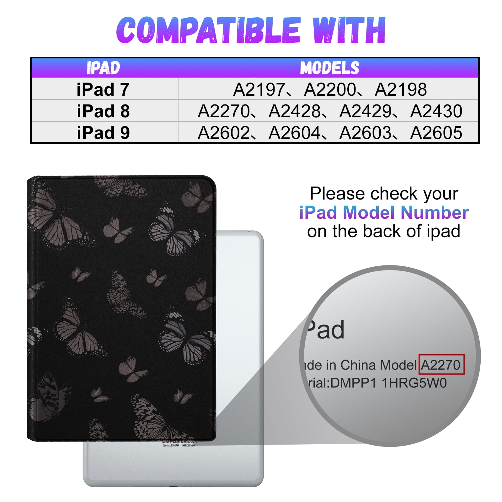 Gemfits Case for iPad 7/8/9 - Flexible Soft TPU Stand Back Cover with Pencil Holder, Auto Sleep/Wake, Black_Butterfly
