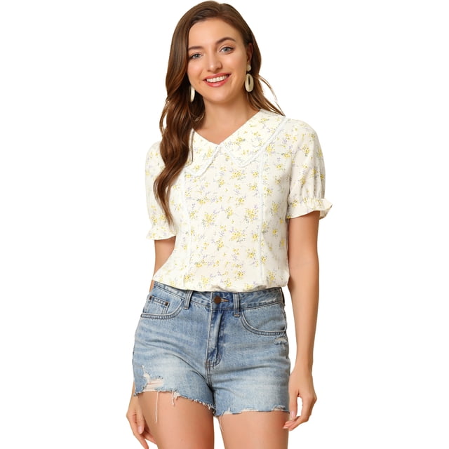 Blusa Allegra K con volantes En la manga y cuello Peter Pan floral para Mujer Blanco XL