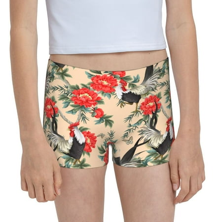 Pofeuu Roosters And Peonies Flowers Print Soft Cotton Girls Boyshort panties Toddler Underwear-Large