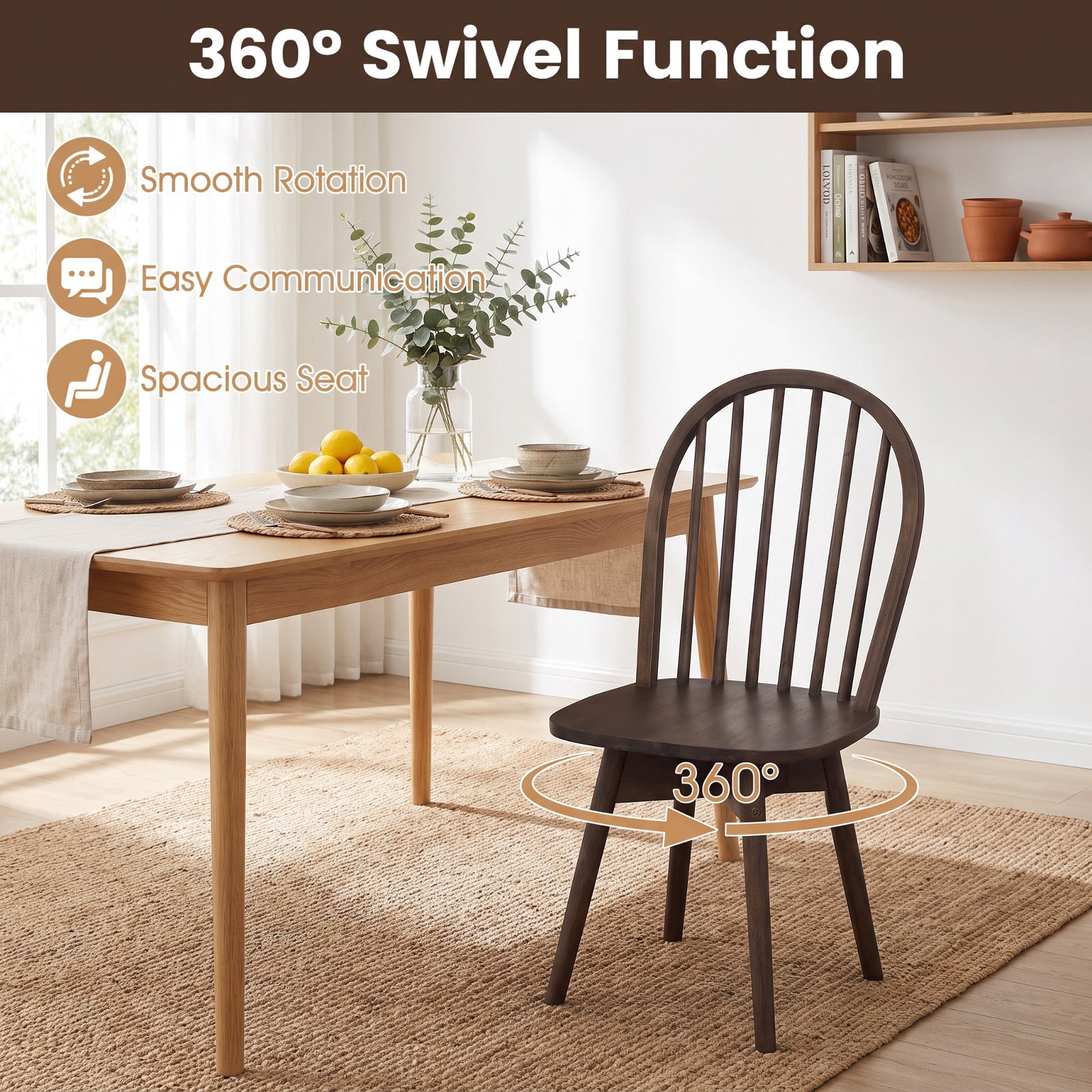 Furnibear Swivel Windsor Dining Chairs Set of 2 with Solid Rubber Wood Frame for Kitchen Dining Room Living Room Home, Walnut