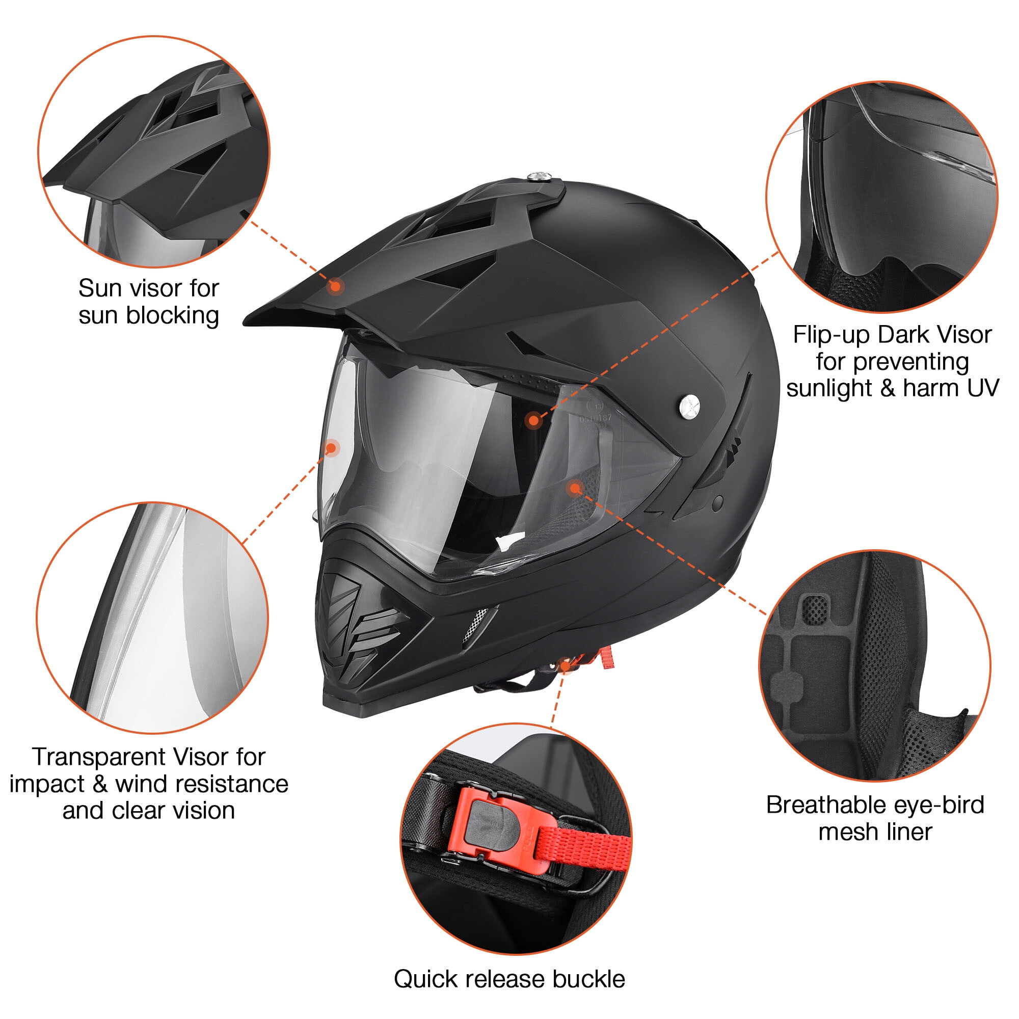 AHR Dual Sport Full Face Motorcycle Helmet Motocross Offroad Bike w/ Sun Visor