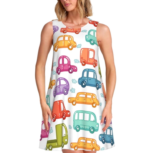 Balery Doodle Cars Vestidos de verano para mujer con estampado: vestido holgado sin mangas, vestido playero informal y cómodo para días calurosos.