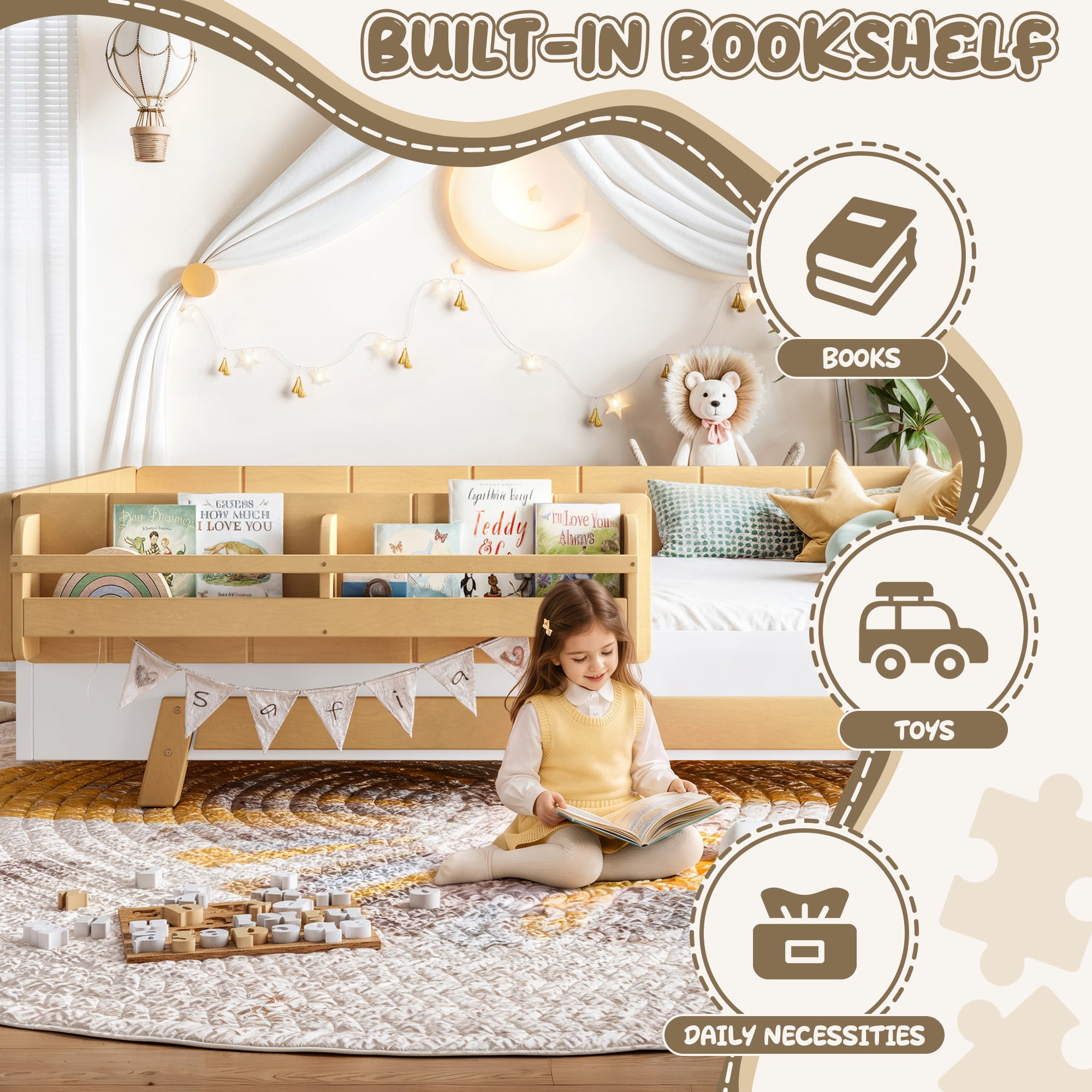 Mintazer Twin Size Montessori Floor Bed Frame, Kids Puzzle Block Design Platform Bed with Guardrails & Bookshelf for Bedroom, Natural & Beige