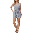 thumbnail image 2 of Summer Romper for Women Striped Sleeveless V Neck Button Down Short Jumpsuit with Belt L Blue, 2 of 6