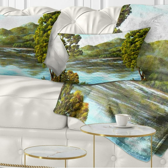 Designart Mountain Lake with Blue Water - Landscape Printed Throw Pillow - 12x20