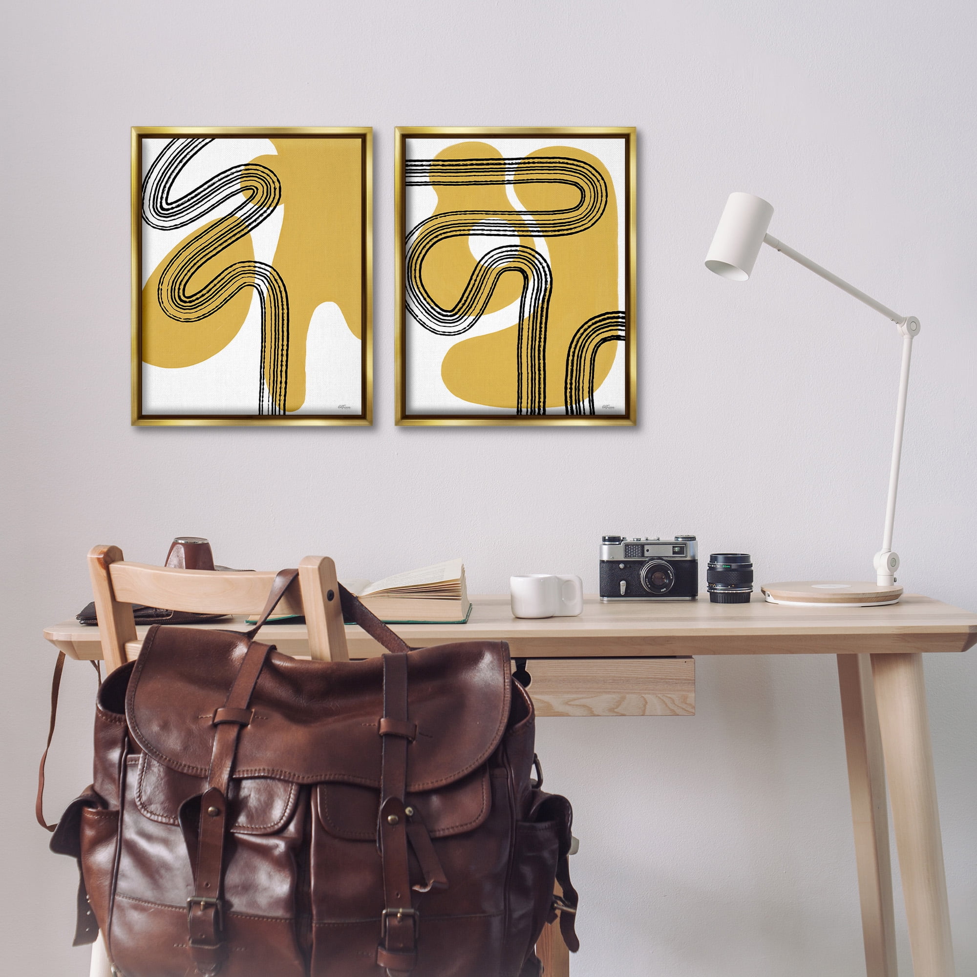 Stupell Industries Wavy Lines Over Shapes Abstract Painting Gold Floater Framed Canvas Art Print Wall Art, 17 x 21, Set of 2