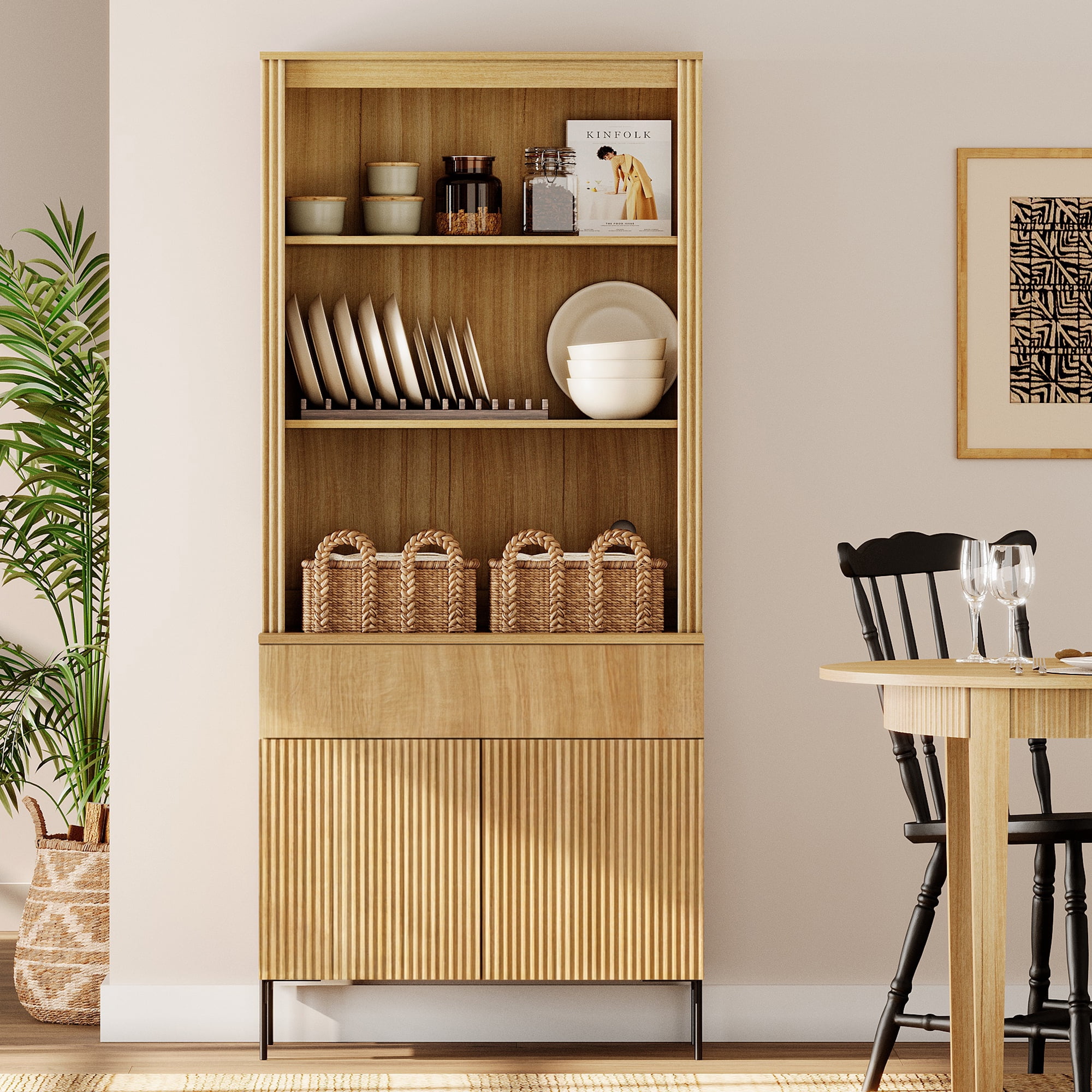 71.6" Tall Fluted Kitchen Pantry Cabinet with Drawer, Wood Bookcase Display Cabinet with Doors and Adjustable Shelves, Modern Versatile Cupboard For Dining Room, Bedroom