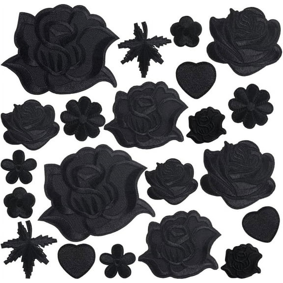 30Pcs 10 Styles Iron on Flower Patches Black Rose Boho Love Heart Leaf Fabric Repair Patch Embroidered Sew on Floral Applique for Jacket Jeans Sweater Hats Clothes Shoes Bags