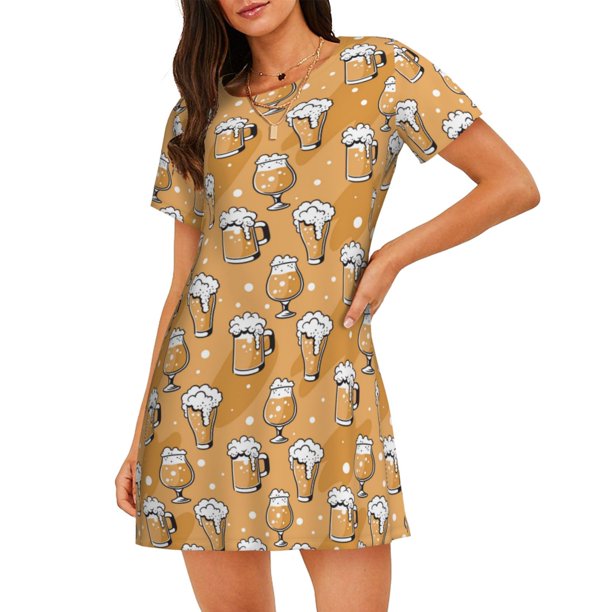 Balery Beer In Glasses Camisón de manga corta con cuello redondo para mujer, cómodo y elegante.