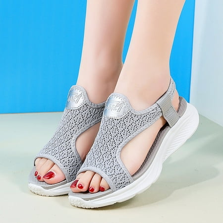 

〖Yilirongyumm〗 Grey 40 Sandals Women Fashion Wedges Peep Sandals Sport Shoes Summer Comfortable Mesh Women Breathable Toe Beach Women s Sandals