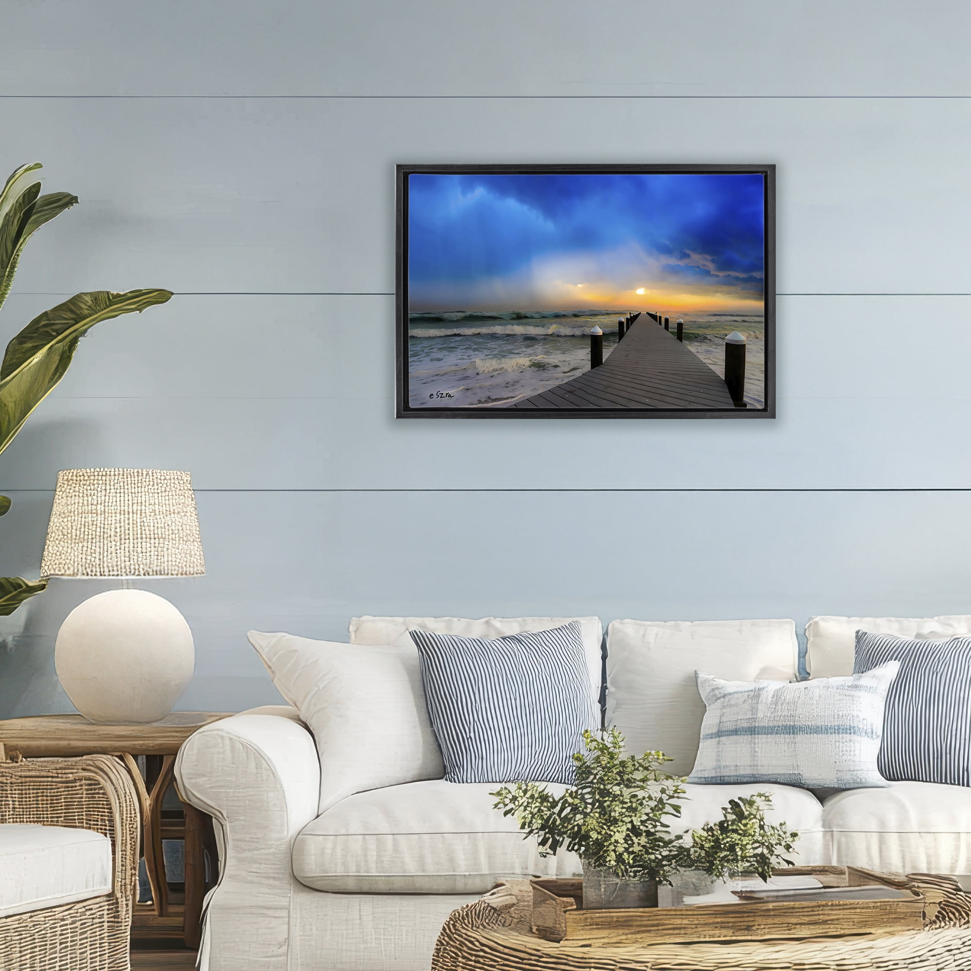Stupell Industries Sun Breaking Over Sea Pier Black Framed Floater Canvas Wall Art, design by Eszra Tanner