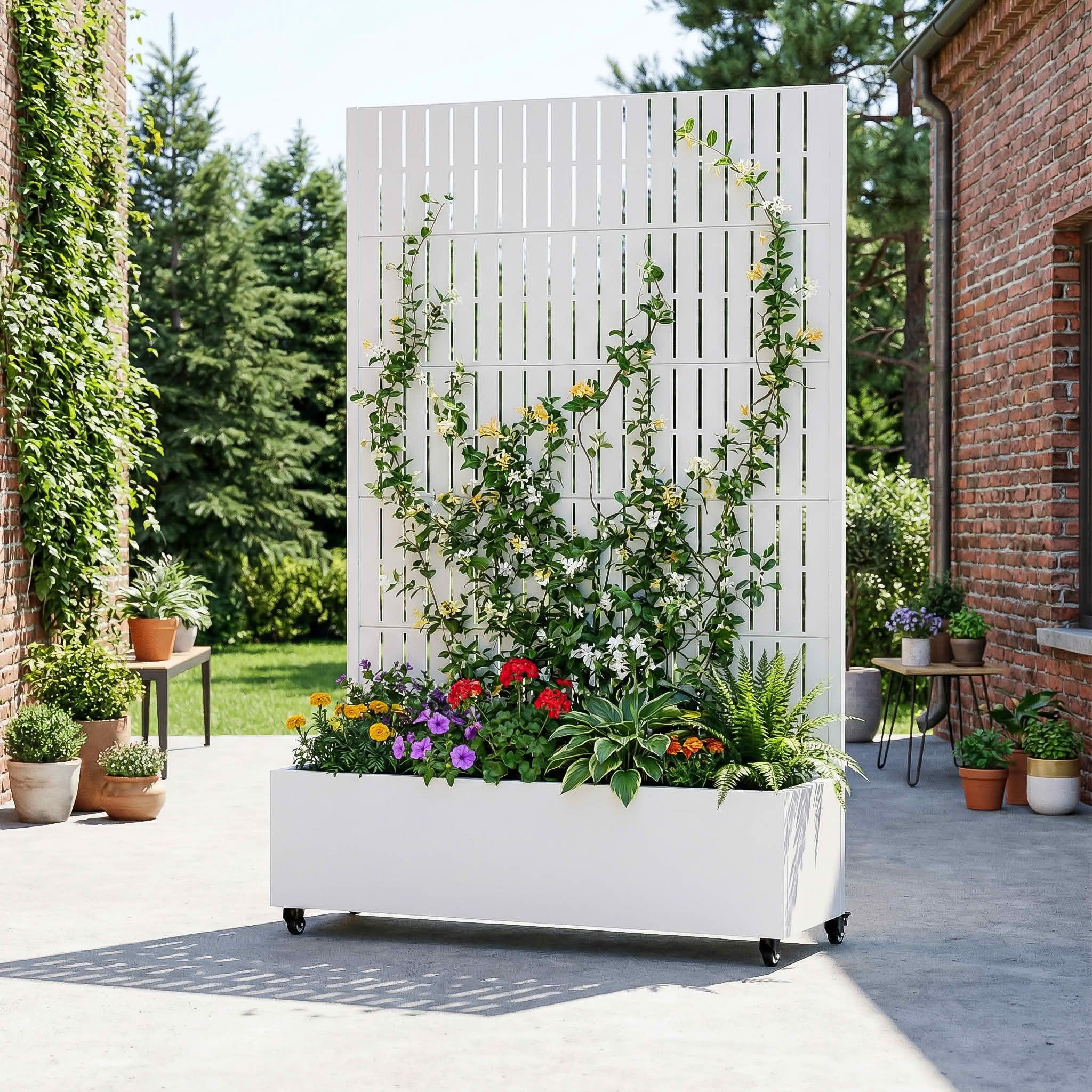 MAYEERTY 72X47" Metal Outdoor White Privacy Screen with Planter Box for Backyard & Garden, 5 Piece Set
