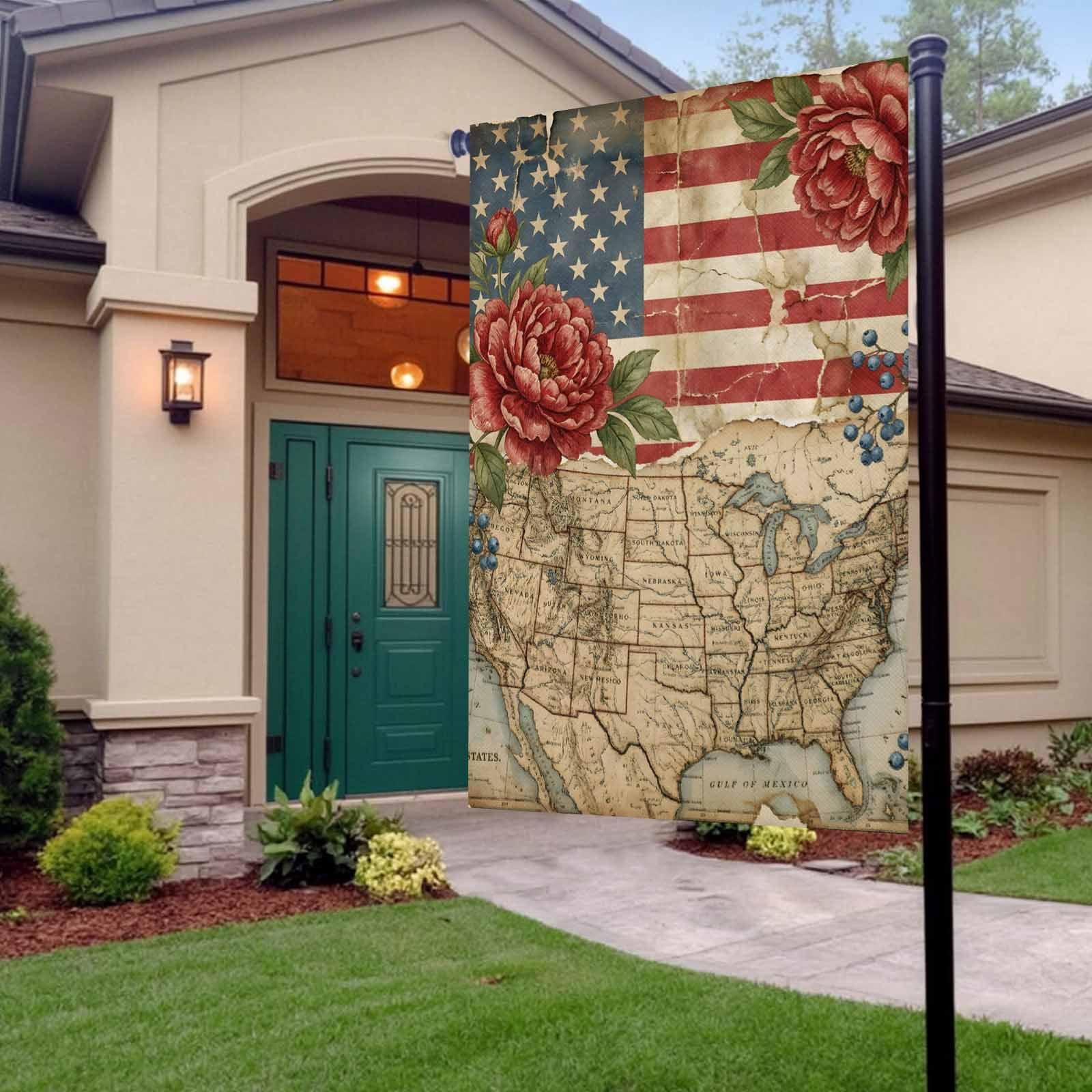 4th of July Garden Flags Retro American Flag Garden Flag Double Sided Welcome Flag Cottagecore Usa Map Red Peony Independence Day Yard Flags for Outdoor Lawn Porch Memorial Day Decor 28x40 Inch