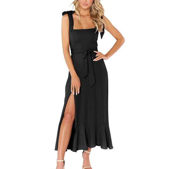 Womens Dresses Short Sleeve Summer Spring And Solid Color Open French High Sense Of Casual Dress Black XL