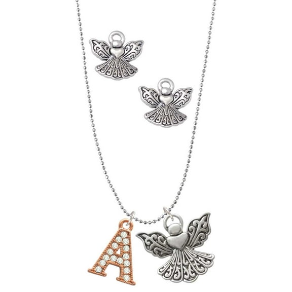 Delight Jewelry Rose Goldtone Crystal Initial - A - Silver tone Guardian Angel Charm Necklace and Stud Earrings