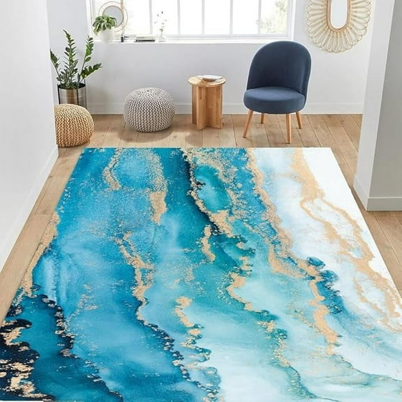 Cyan Marble Pattern Area Rug For Living Room, Modern Abstract Style Indoor Carpet, Stain Resistant Anti-Slip Backing Washable Rug, Rugs For Bedroom,Dining Room 2 x 3ft