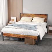 edx Queen Size Metal Bed Frame with Wooden Headboard, Under Bed Storage, 800LBS Support, Noise-Free, No Box Spring Needed, Easy Assembly, Brown