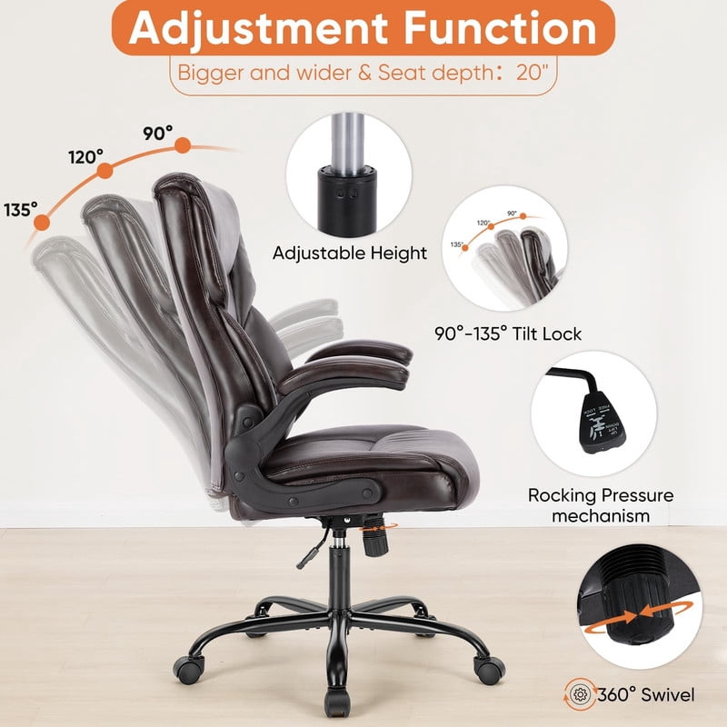 Kelno PU Leather Executive Office Chair with Flip Up Armrest Ergonomic Drafting Chair,Brown