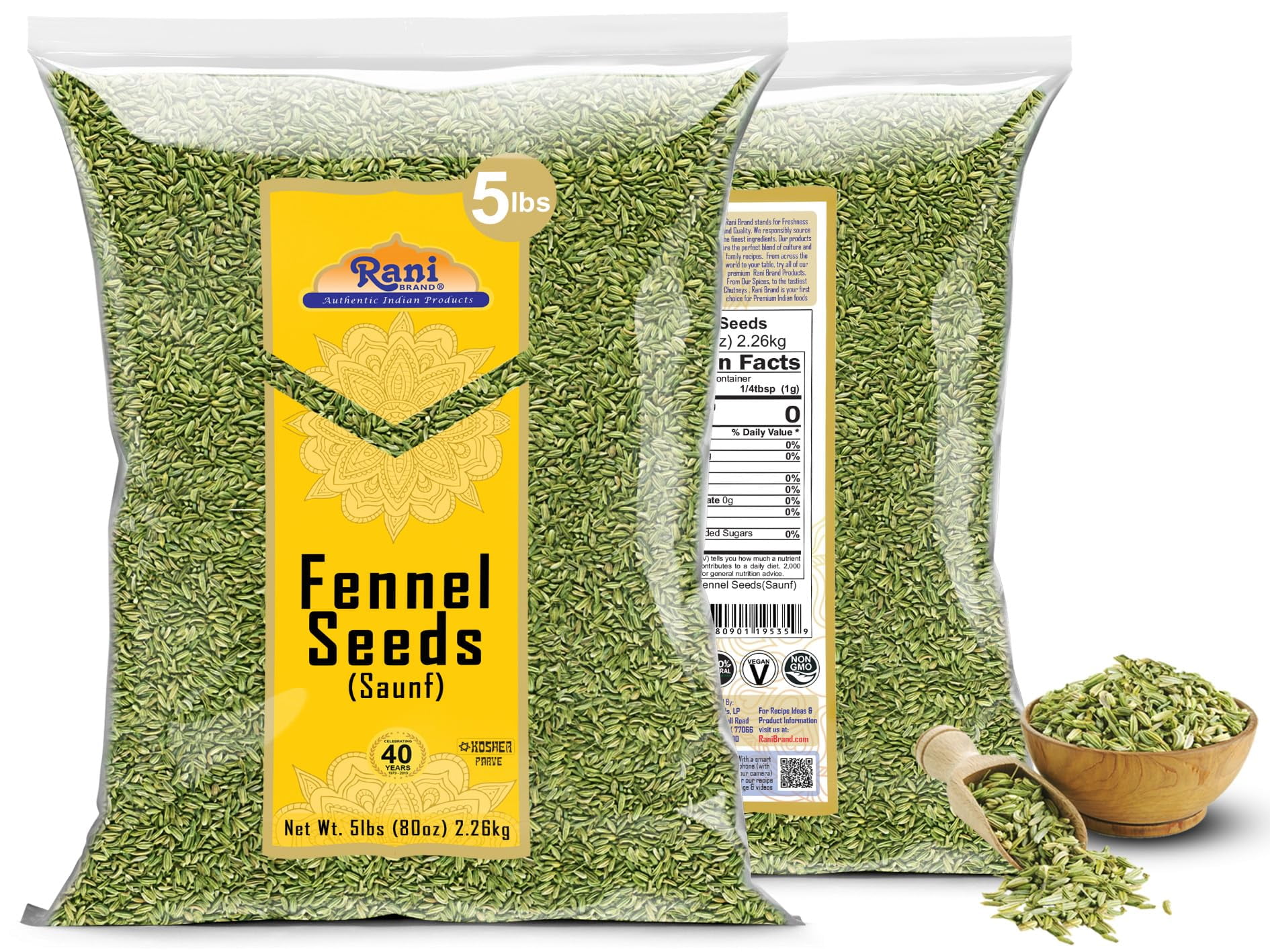 Rani Fennel Seeds (Saunf Sabut) Whole Spice 80oz (5lbs) 2.27kg Bulk ~ All Natural | Gluten Friendly | NON-GMO | Kosher | Vegan | Indian Origin