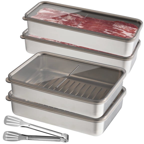 4 PCS Food Containers with Lids Tongs, Bacon Containers for Refrigerator, Fridge Organizer, Cheese Container Dishwasher Safe Long Meat Storage Containers Fruit Tray with Lids