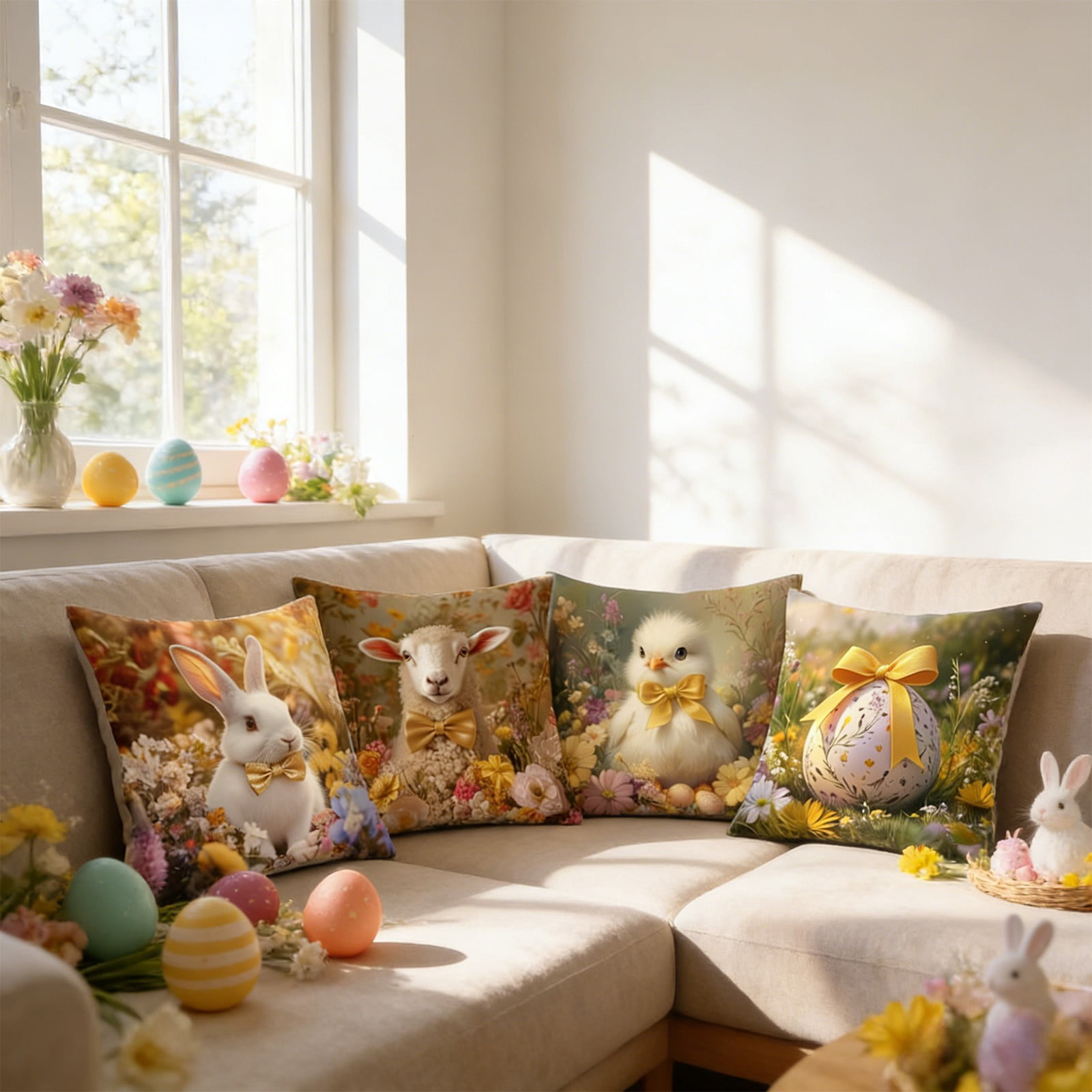 Easter Pillow Covers Set of 4, 18x18 Inch Rabbit and Easter Egg Print Throw Pillow Covers, Soft Flannel Decorative Covers for Couch Sofa Living Room Spring Home Decor