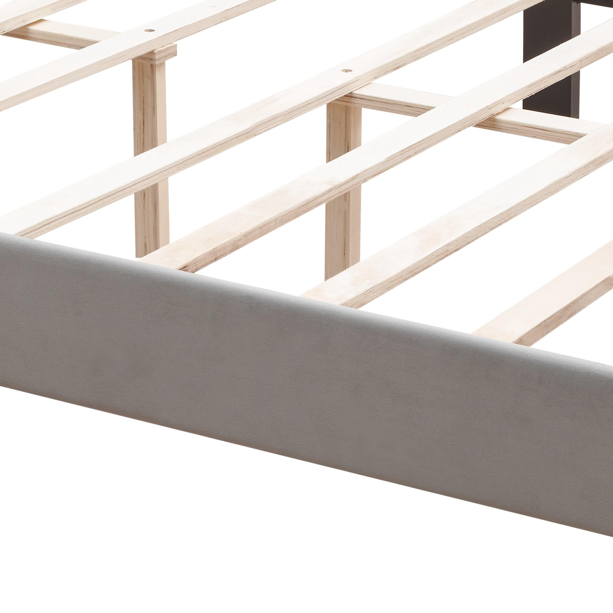 ASINMAK Queen Size Velvet Platform Bed Frame, Curved Button Tufted Headboard with Nailhead Trim, Wood Slat Support, Gray