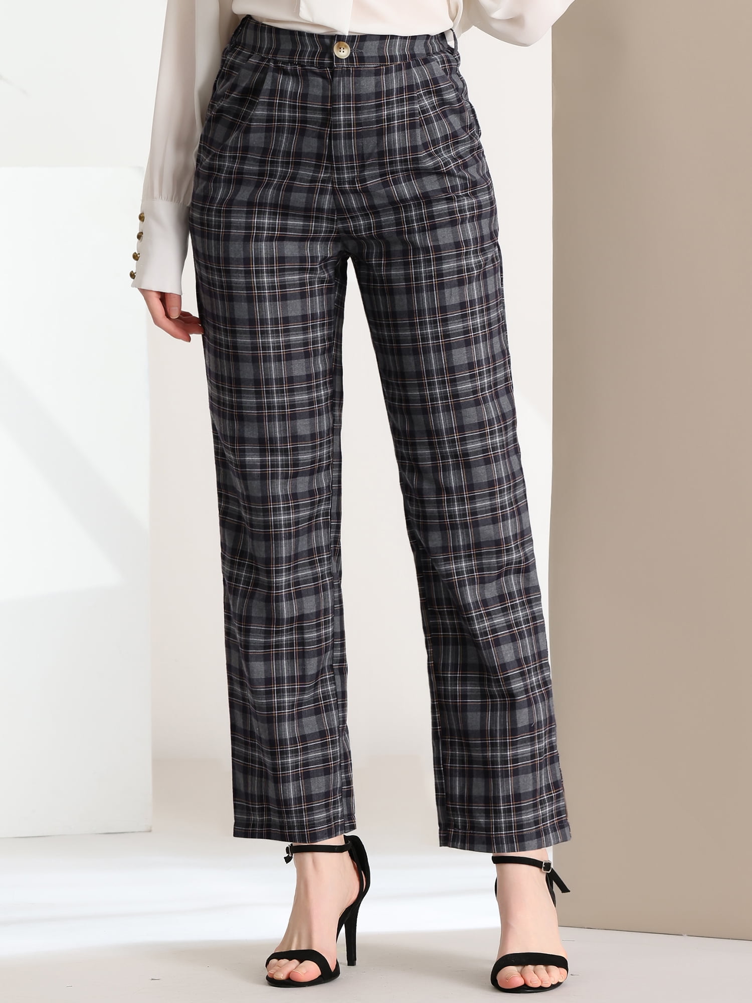 DARING DIVA Women's Plaid Trousers Pockets Straight Leg Casual Pant S dark Gray Black