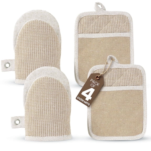 Casa Platino Oven Mitts & Pot Holders Set - 4 Pack, Heat Resistant Silicone Mini Mittens & Hot Pads for Baking, Grilling, BBQ, Microwave. Machine Washable - Beige