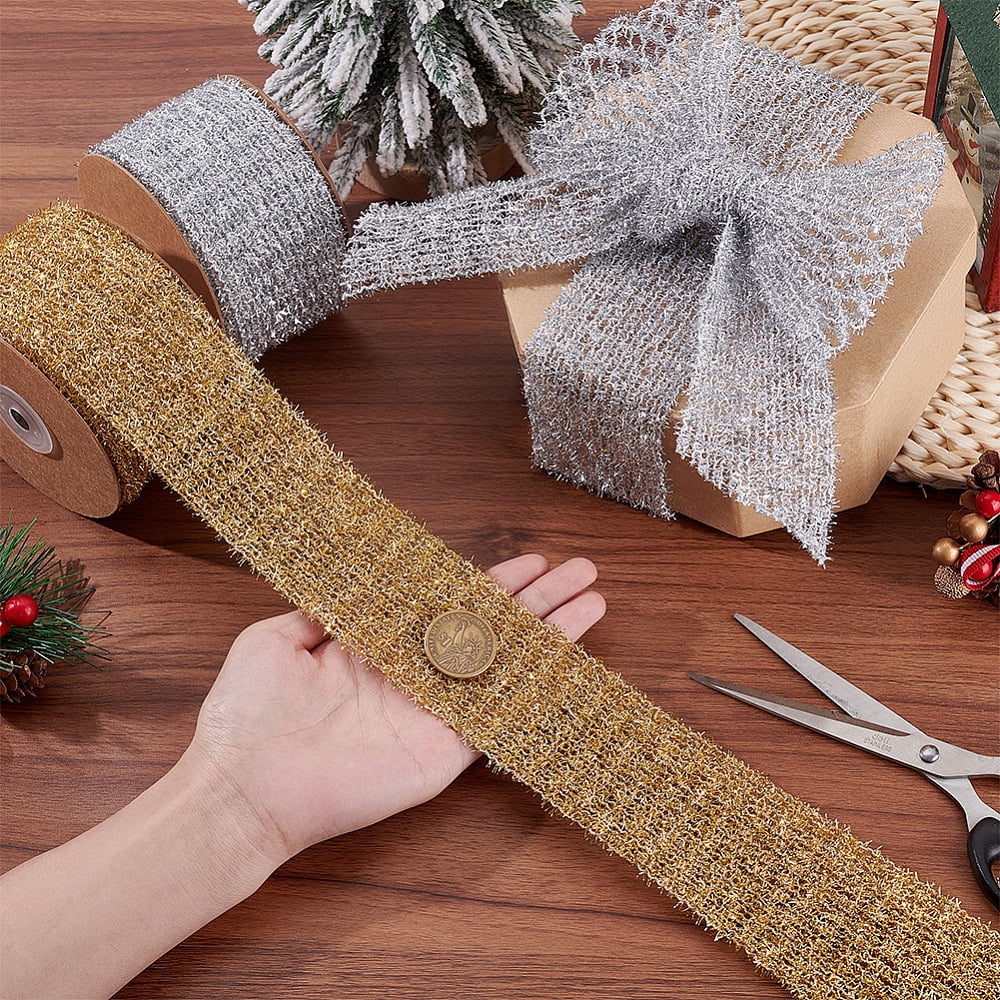 2 Rolls 10 Yards Silver Mesh Ribbon 2-1/4 Inch Sparkling Glitter Mesh Wired Ribbon Stretchable Glitter Christmas Ribbons