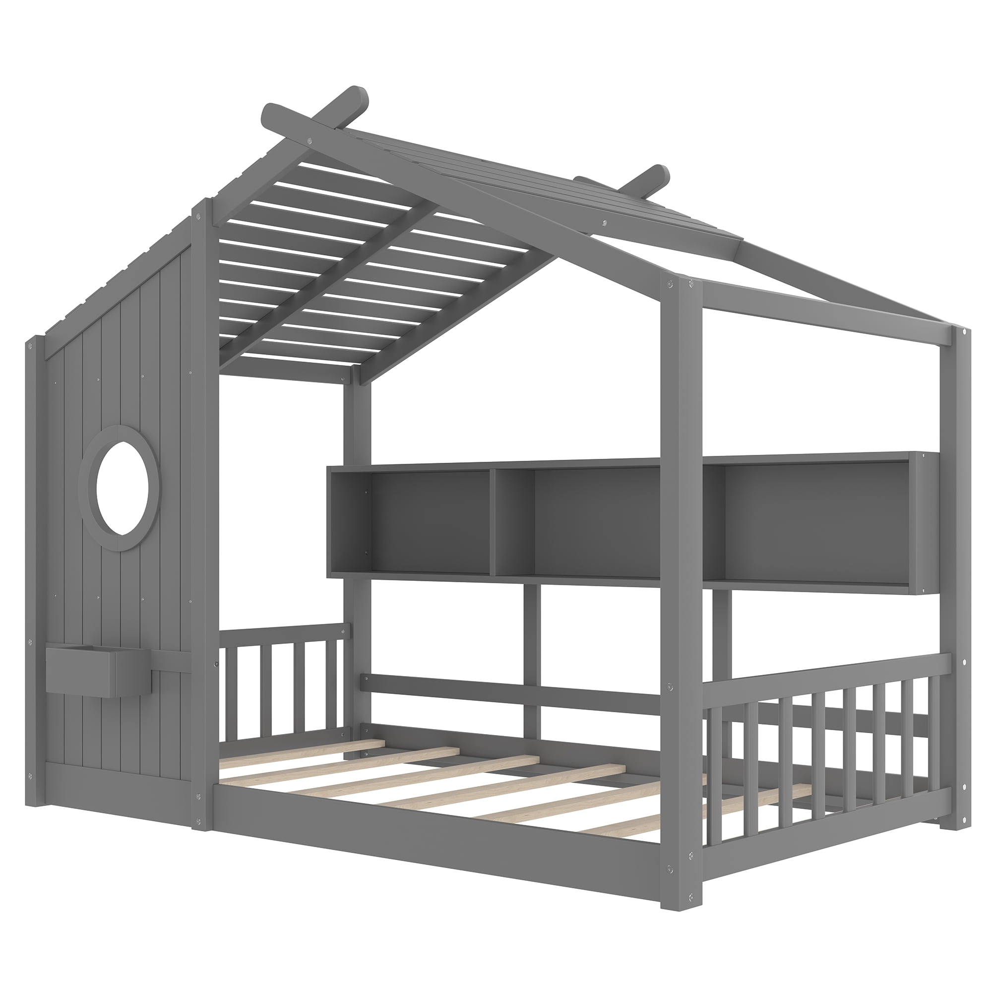 Miniyam Twin Size Montessori Floor House Bed with Roof Design and Storage Shelf for Kids, Gray