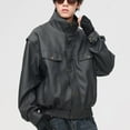 thumbnail image 3 of Mens Big & Tall PU-Leather Jackets Plus Size M-4X Long Sleeve Coats with Pockets Trendy Solid Button-Down Zip Up Collared Motorcycle Outerwear Jacket, 3 of 7