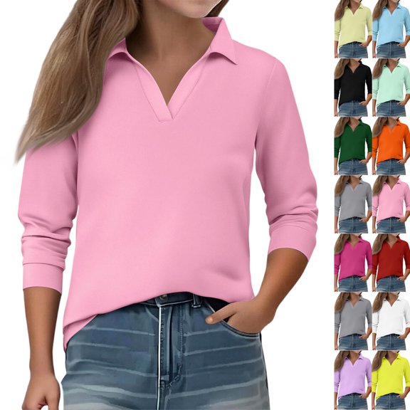 Girls Polo Shirt Long Sleeve Collared T-Shirt Kids Casual School Uniform Toddler Summer Dress Shirts Children Tops,Pink,9-10 Years