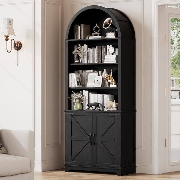 6-Tier Farmhouse Arched Bookshelf Bookcase with Doors, Tall Storage Cabinet and Display Shelves, Open Shelves for Living Room or Office, Black
