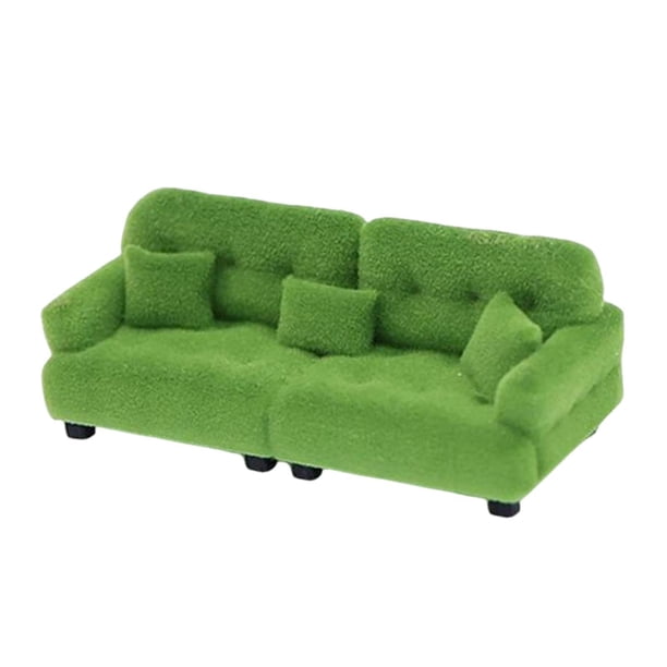 Sofá en miniatura para casa de muñecas, escena de vida con adorno de almohada, sala de estar 1 25 Verde