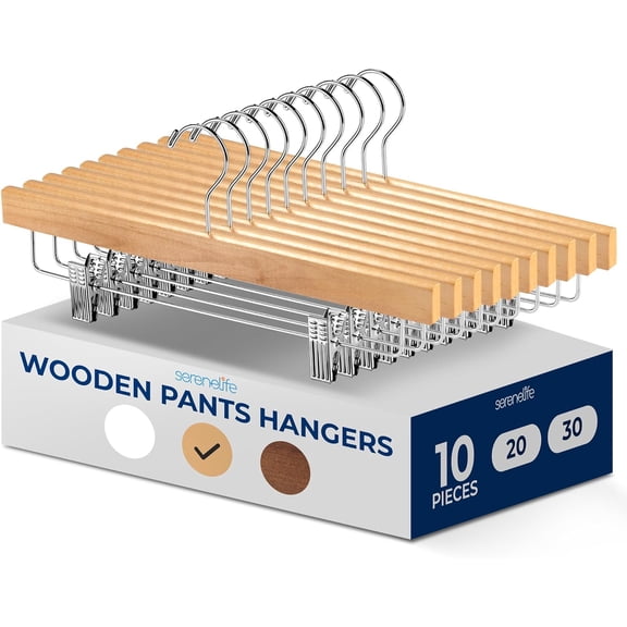 10 Pcs. Premium Wooden Pants Hangers - Heavy Duty Hanger Set with Chrome 360° Swivel Hook and Adjustable Steel Clips, Ideal for Jeans, Slacks, Skirts, and Shorts (Natural)