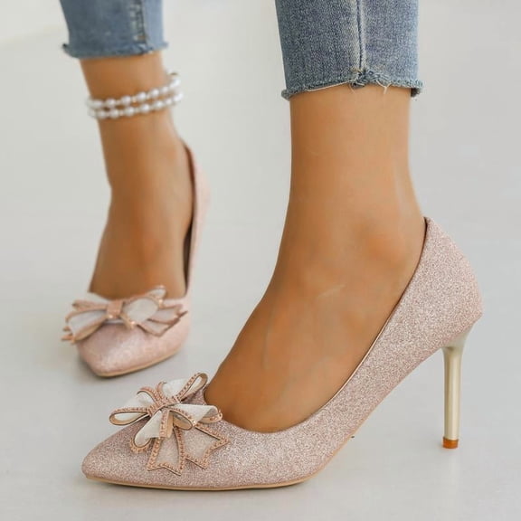 SCHUHLAND Elegant Bowknot Glitter Pumps for Women, Pointed Toe Super High Thin Heel Wedding Shoes, Silver/Pink, Sizes 34-40