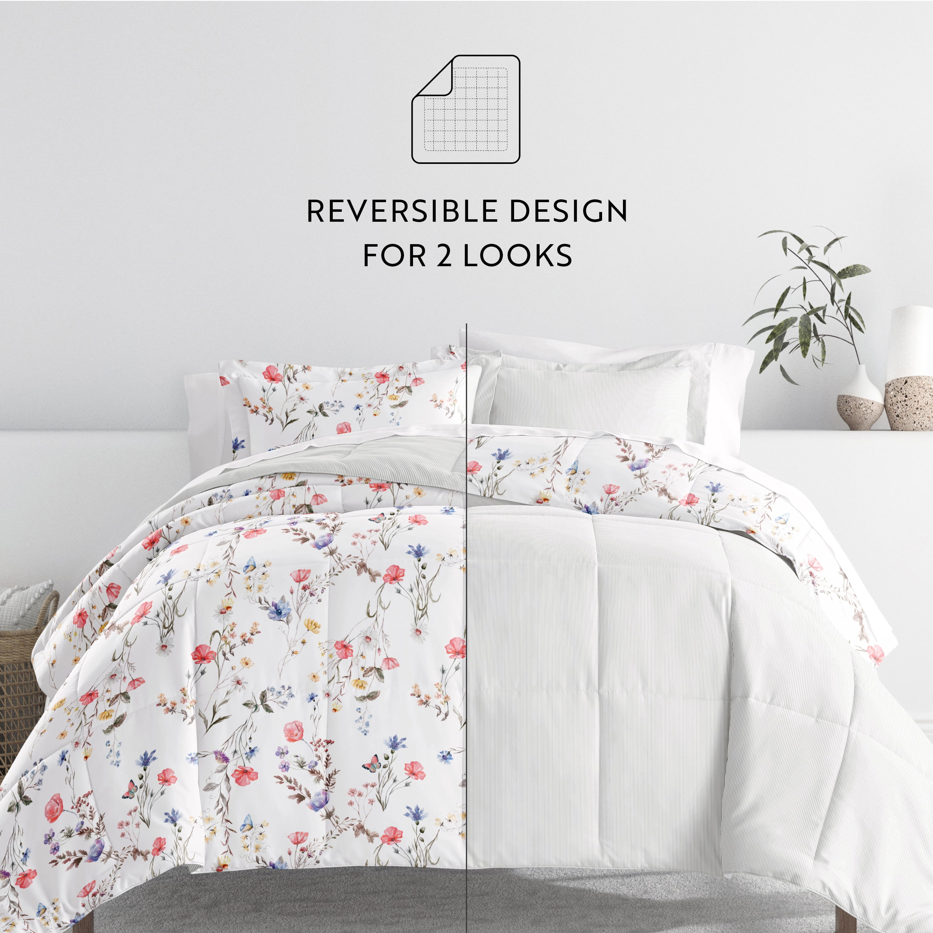 Comfort Canopy - California King Bedding Bundle, Patterned Microfiber Comforter and Solid Sheet Set in Meadow Floral Stripe Pink