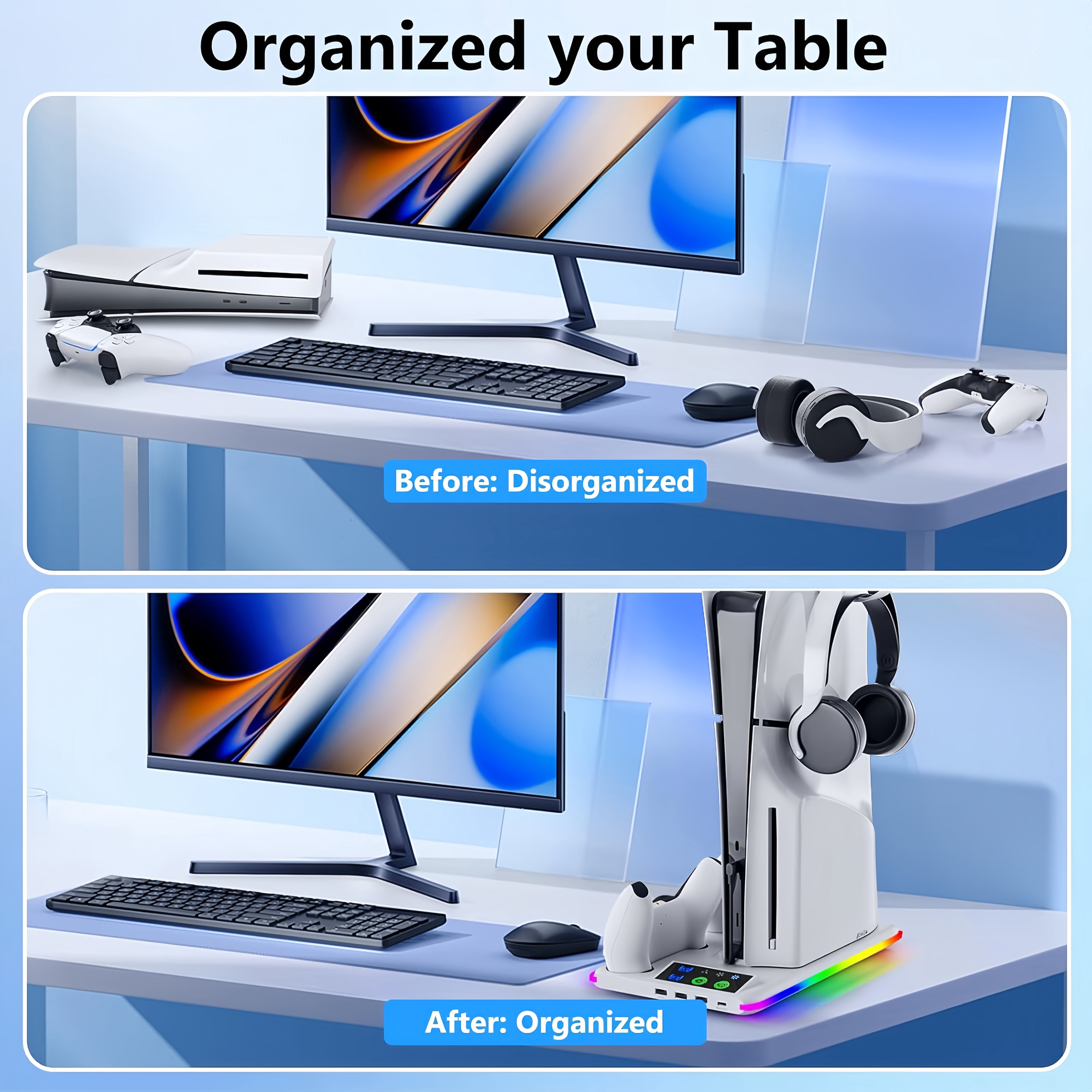 PS5 Cooling Stand with Dual Controller Charger, RGB Cooling Station for PS5/PS5 Slim/PS5 Pro Disc & Digital, 3-Speed Fan, 3 USB Ports, Headset Holder