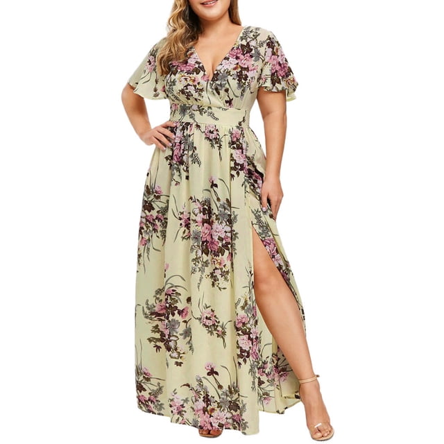Leutsin Robe Bohème à Manches Courtes Imprimé Floral Col en V Grande Taille pour Femmes Robe de Soirée