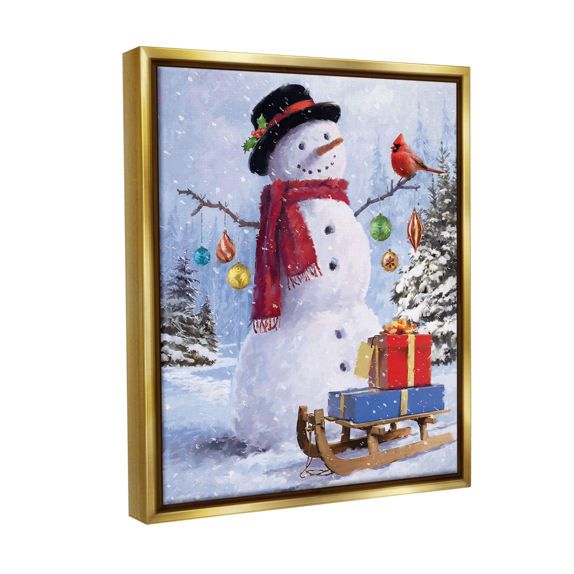 Stupell Industries Snowman with Gift Sled Landscape Painting Gold Floater Framed Canvas Art Print Wall Art, 25 x 31